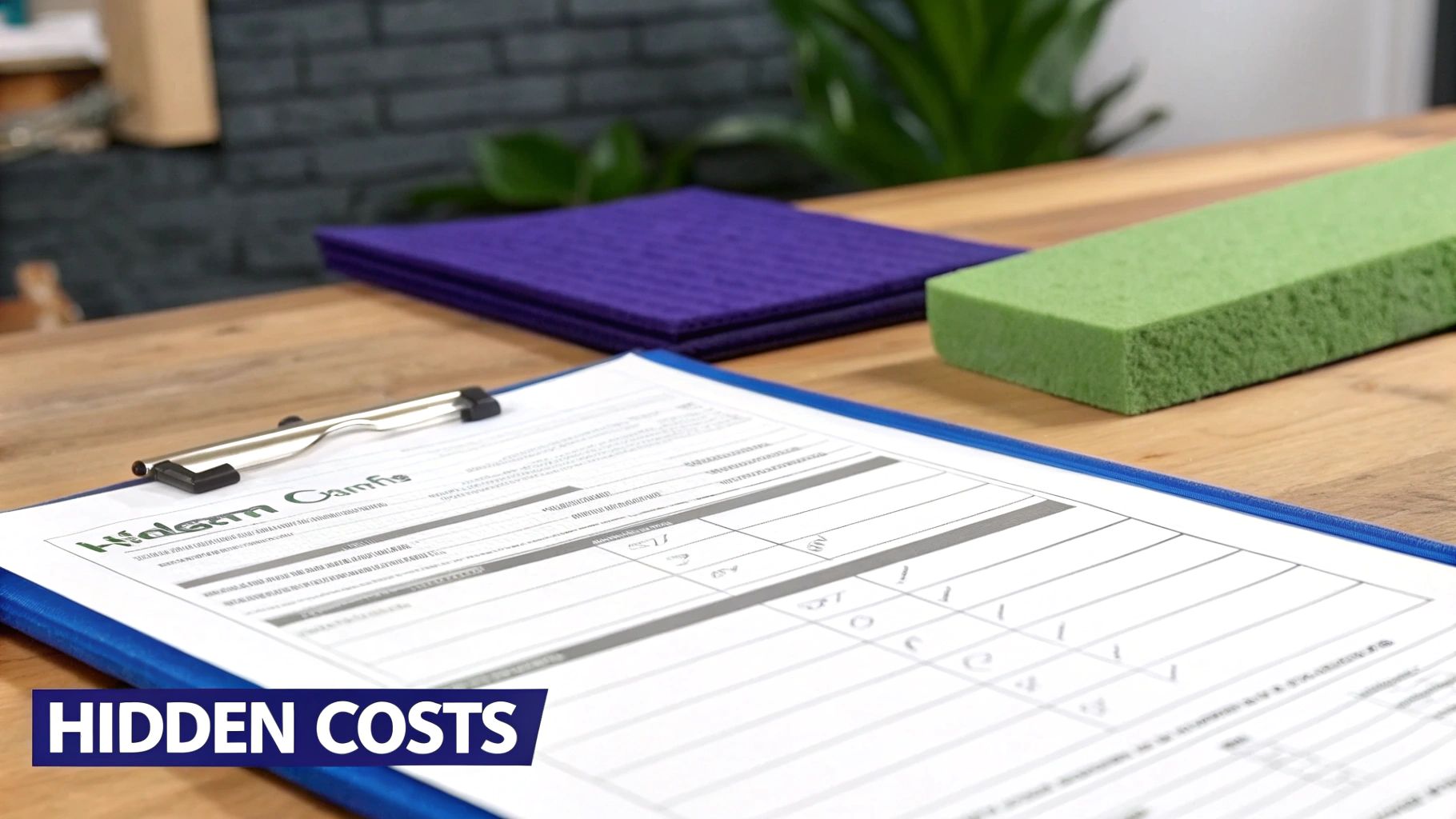 Clipboard with budget worksheet and colorful material samples showing hidden costs analysis