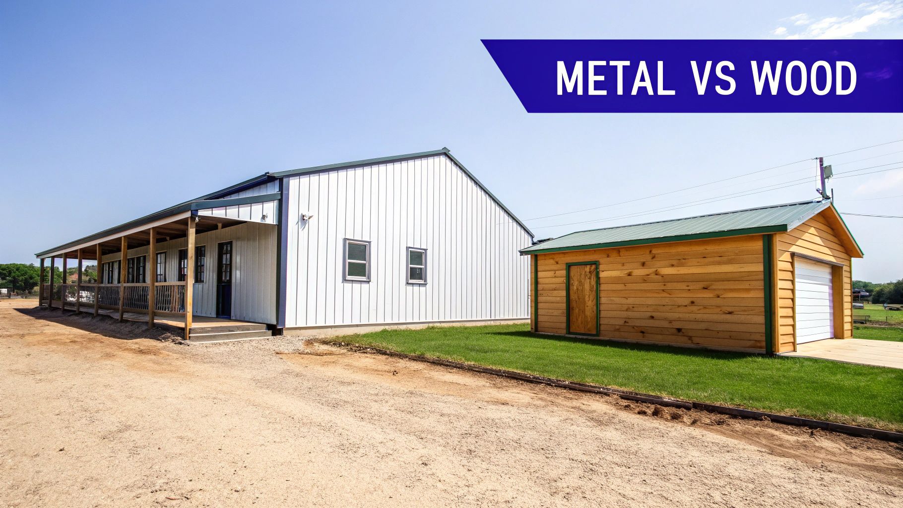 A white metal building with a porch next to a smaller wooden garage, contrasting metal vs wood construction.