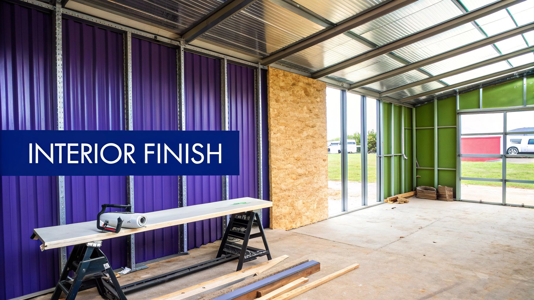 Interior construction space showing purple corrugated walls, metal frame ceiling, and building materials