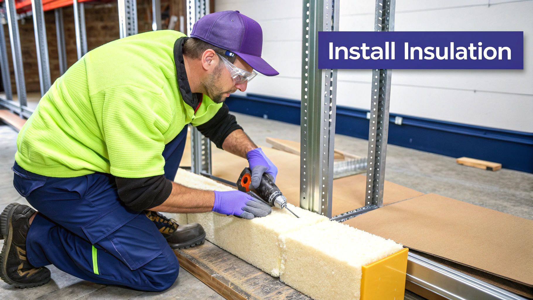 Person installing rigid foam board insulation inside a metal garage.
