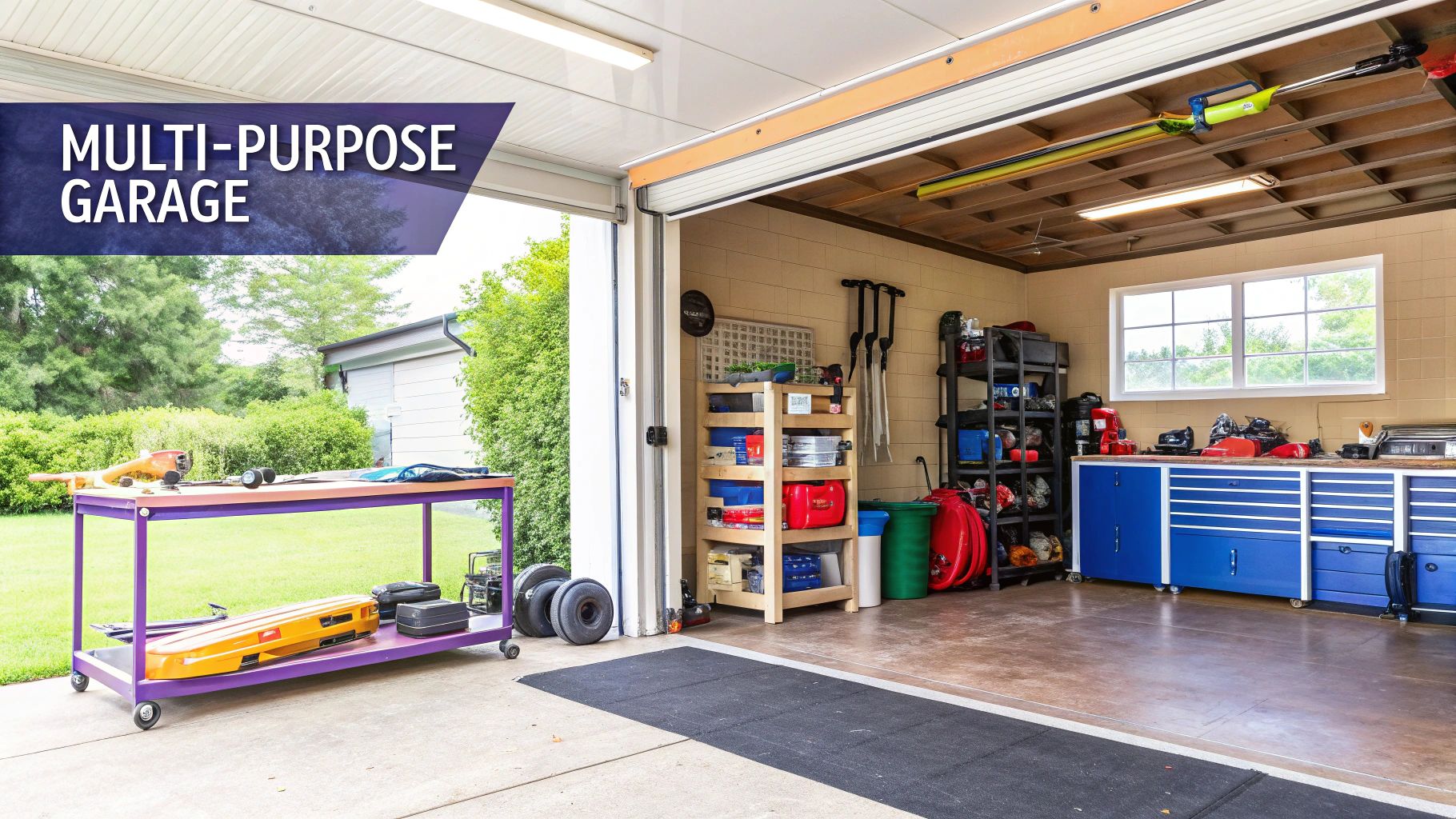 A well-organized three-car garage with designated zones for a workshop, storage, and vehicle parking.