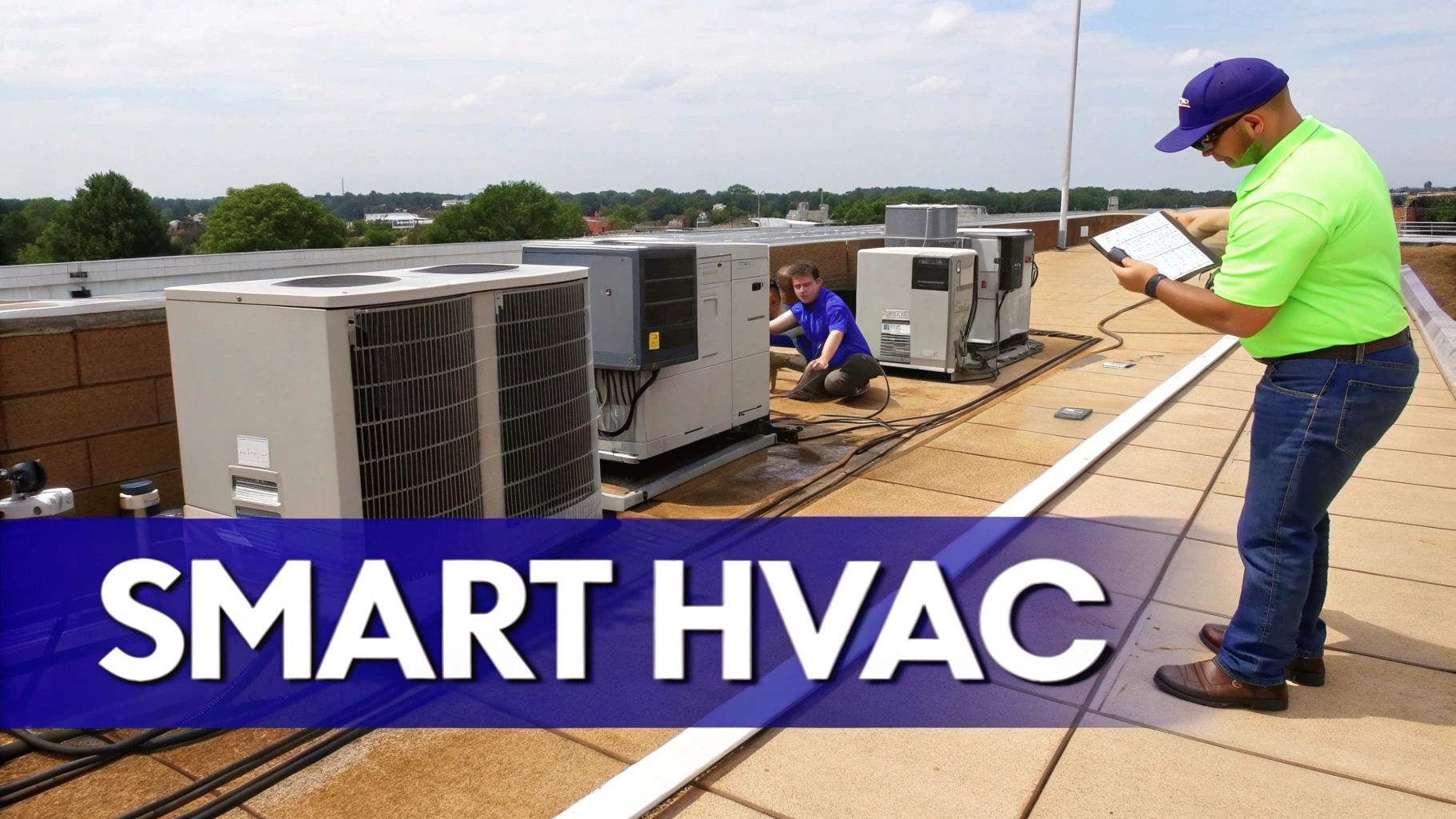 An HVAC technician working on a modern commercial HVAC unit