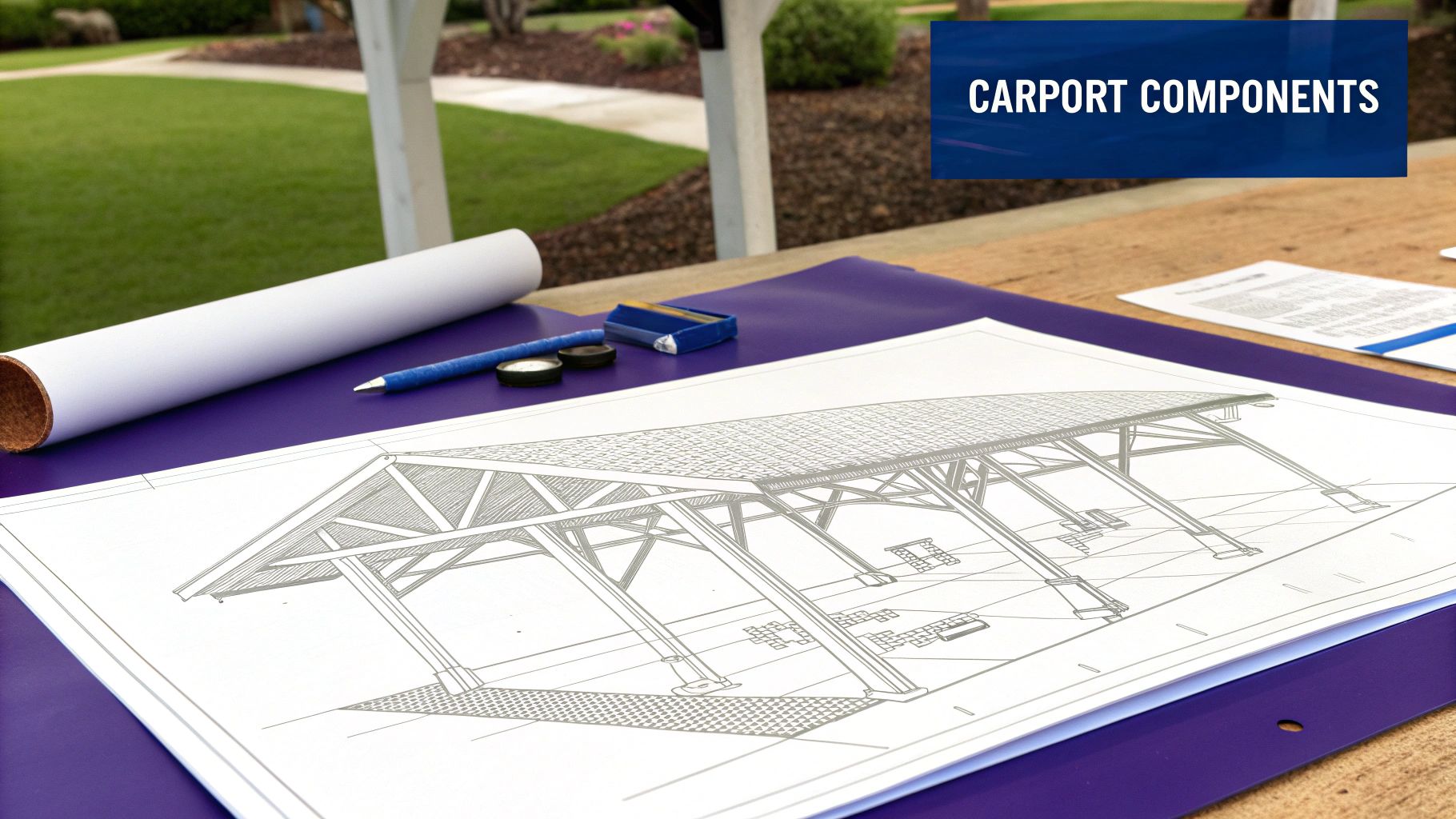 A close-up view of the steel framework of a metal carport, showing the legs and roof trusses.