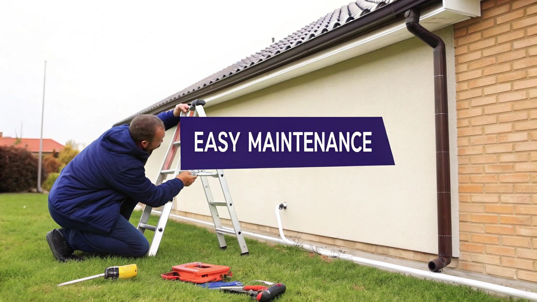 A clean metal building housing an RV, with well-maintained surroundings.