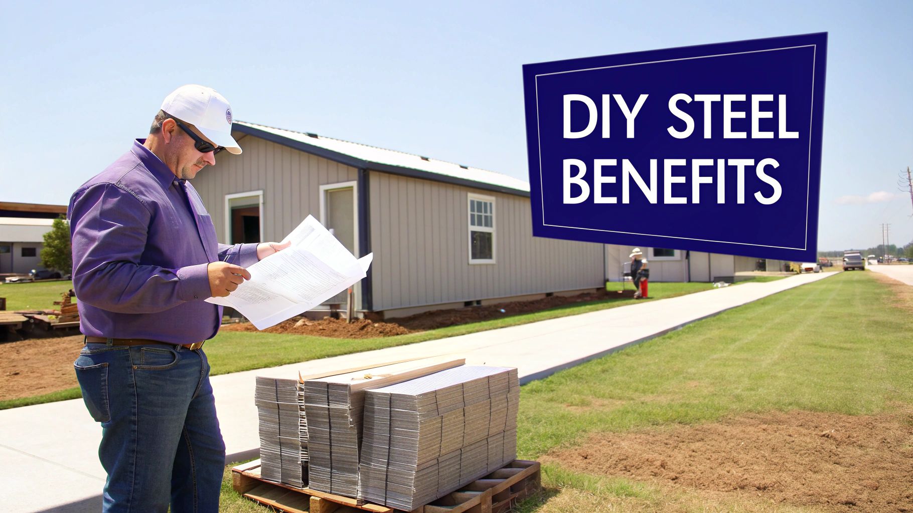 A man standing in front of his newly constructed do it yourself steel building workshop, showcasing the finished project.