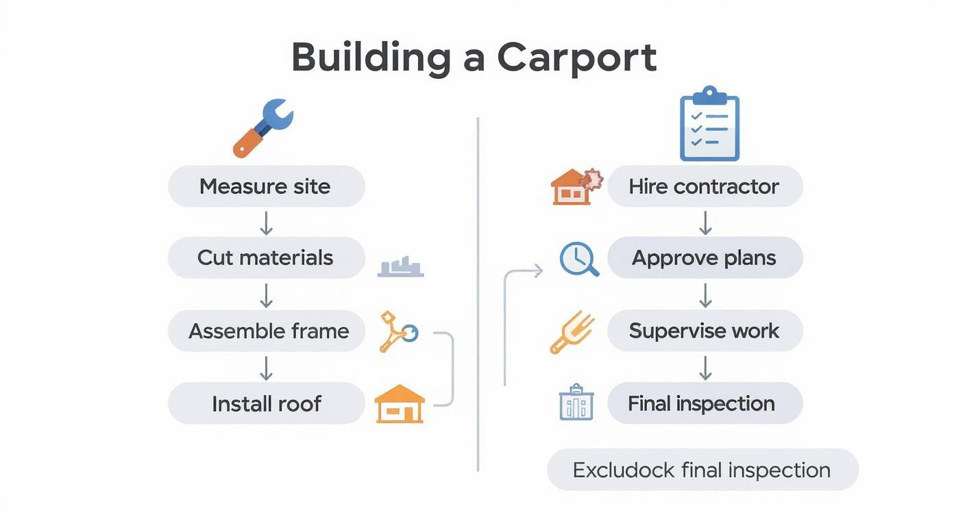 Flowchart illustrating the steps involved in building a carport, from site measurement to final inspection.
