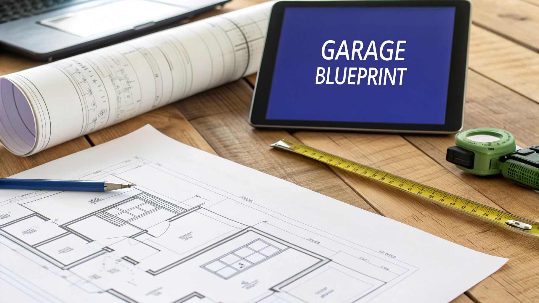 A newly constructed, modern metal garage with a clean, paved driveway.