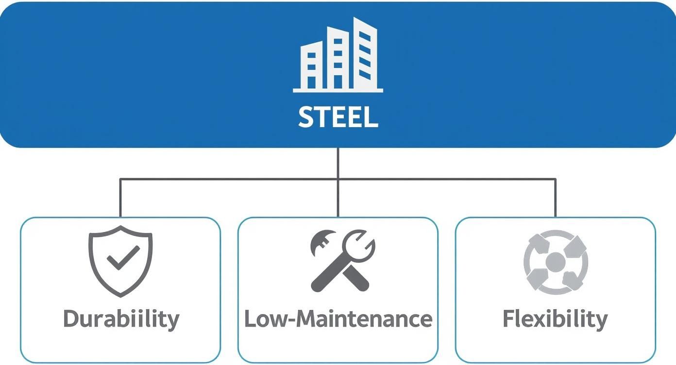 An infographic showing a hierarchy diagram with a central 'Steel' icon, branching down to three icons representing Durability, Low-Maintenance, and Flexibility.