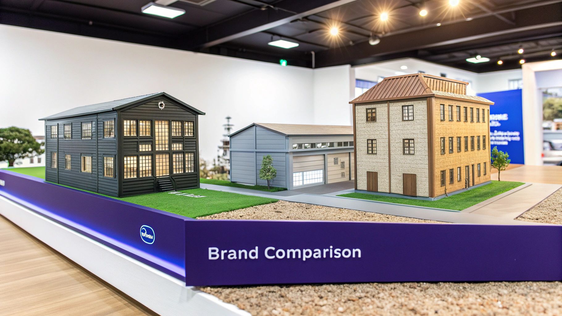 A custom metal building featuring multiple roll-up doors and windows, set in a neat, professional environment.