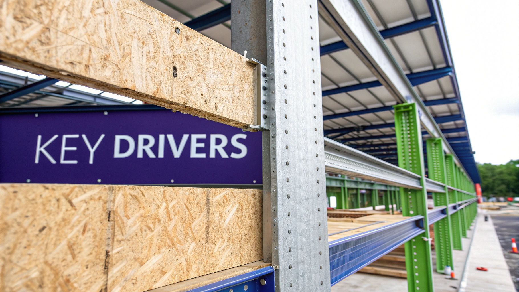 A construction worker reviews blueprints on-site with a steel building frame in the background.