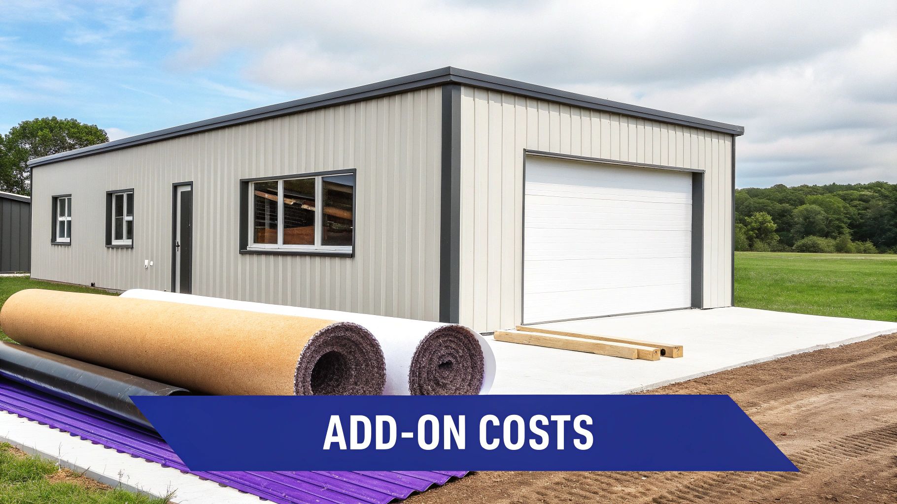 Modern beige metal steel building with garage door and construction materials showing add-on costs