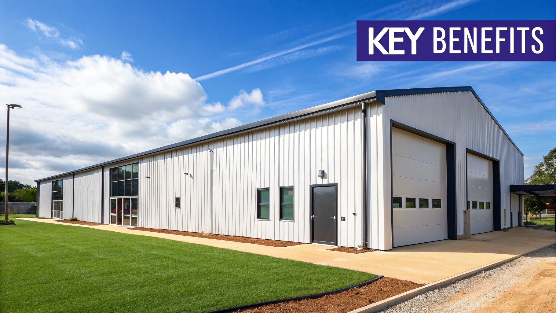 A completed prefabricated metal building kit used as a workshop, surrounded by trees.