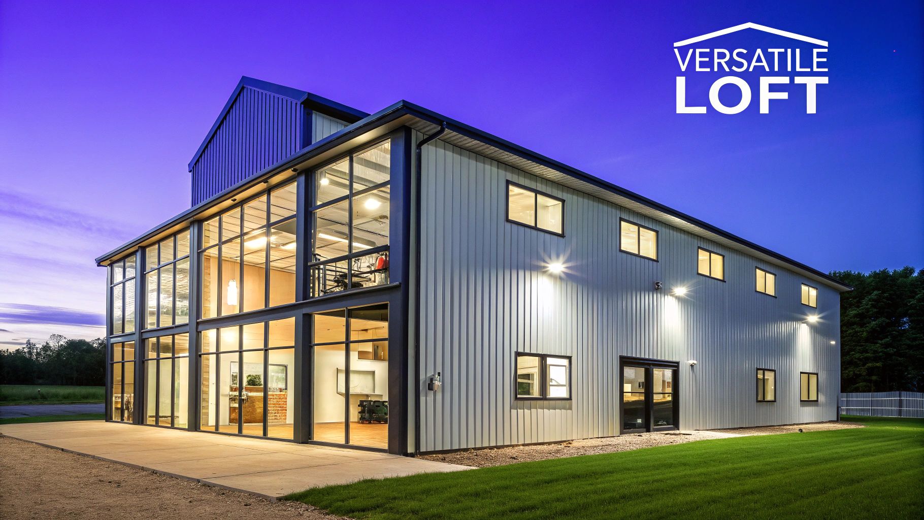 A modern metal building with a loft apartment visible through large windows at dusk.