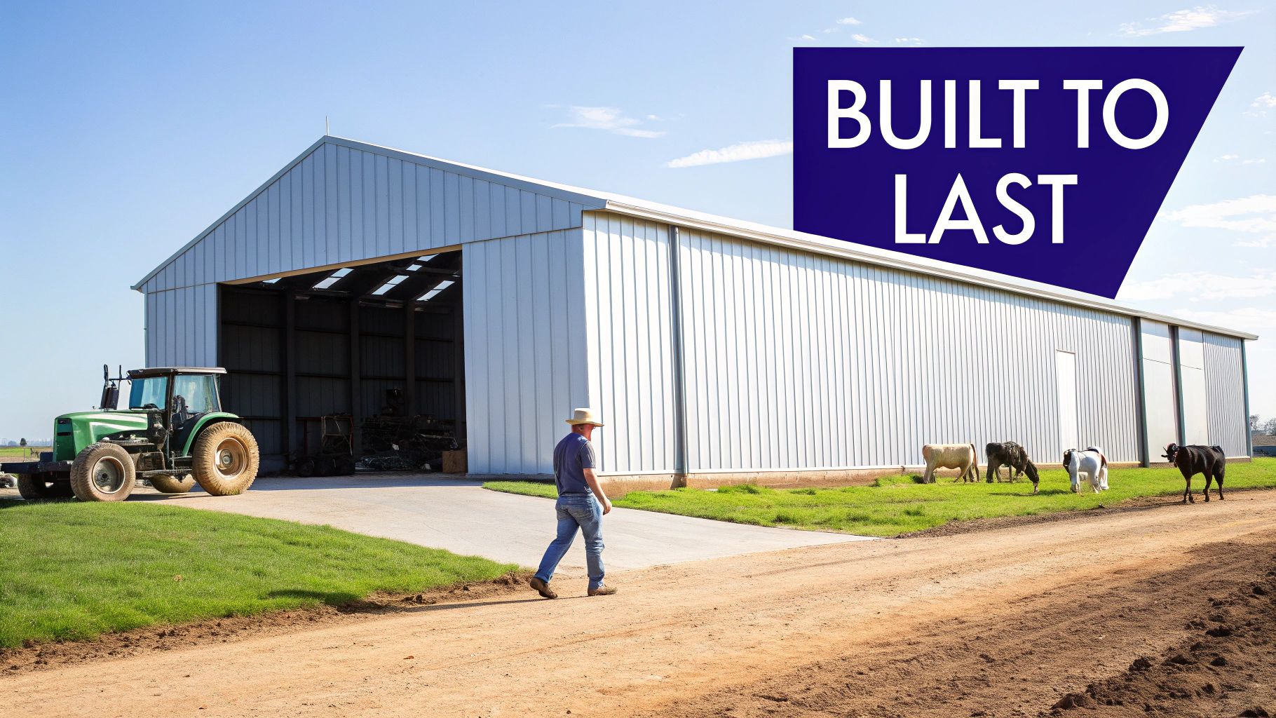 A farmer walks towards a large metal farm building with a tractor and cattle nearby.