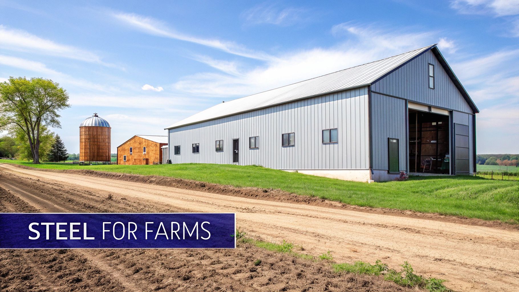 A modern steel farm building with large doors, set in a rural landscape.