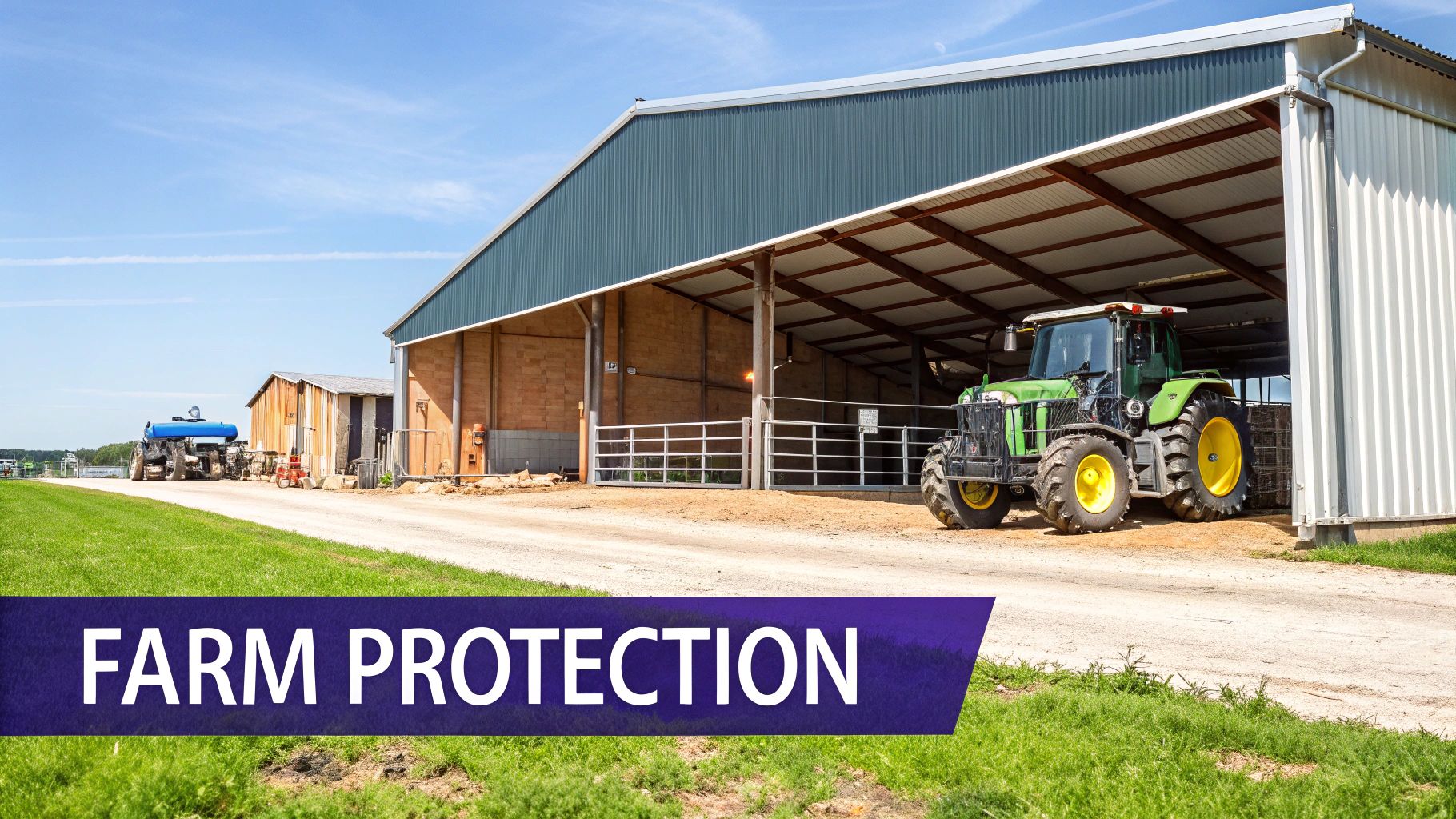 A large agricultural metal building in a rural setting.