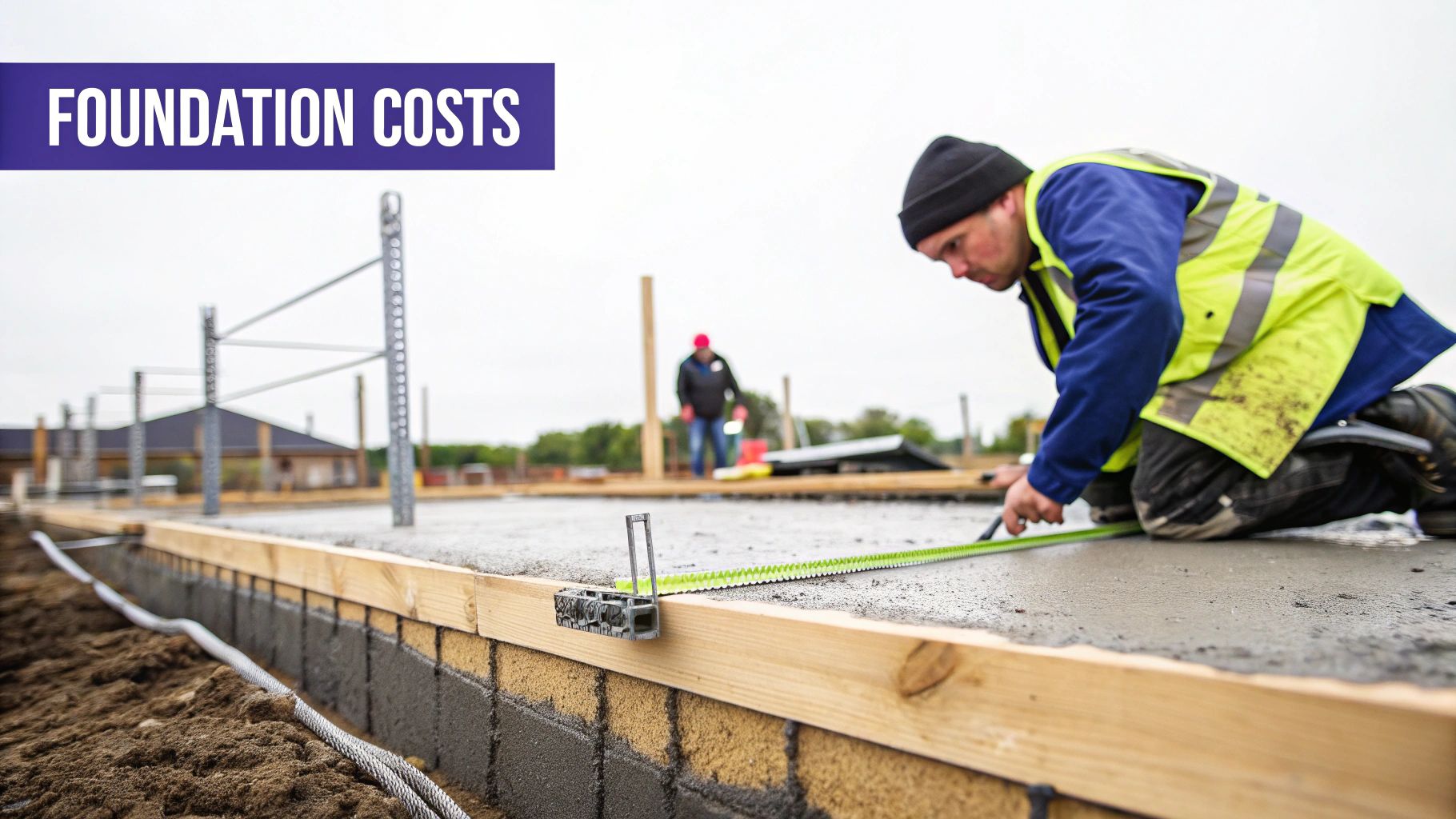 A metal building's concrete foundation being poured and smoothed by construction workers.