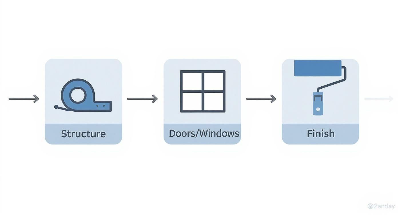 A sequential diagram illustrating three stages of building construction: Structure, Doors/Windows, and Finish.