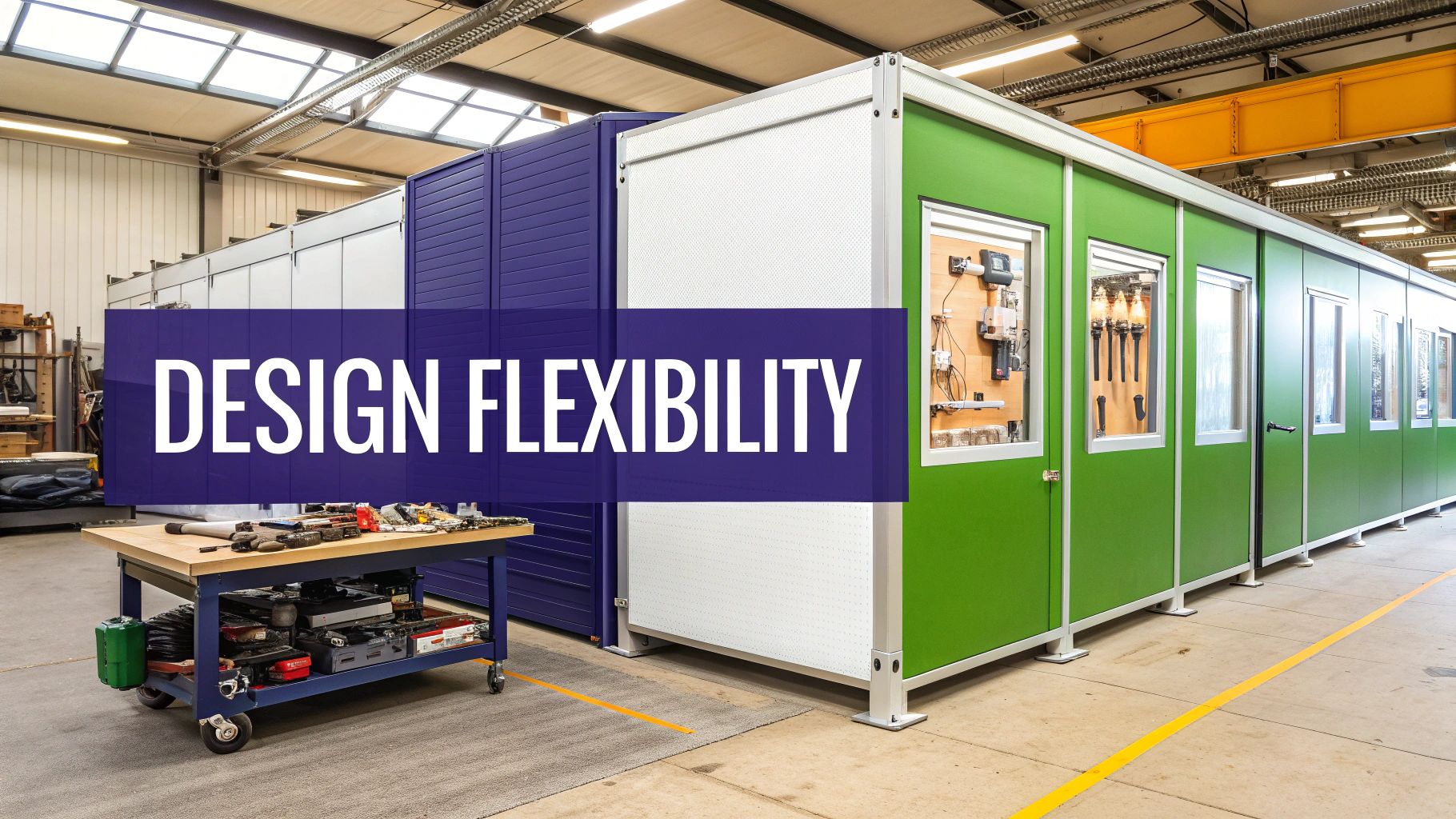 A modern prefabricated metal building kit used as a commercial storefront.