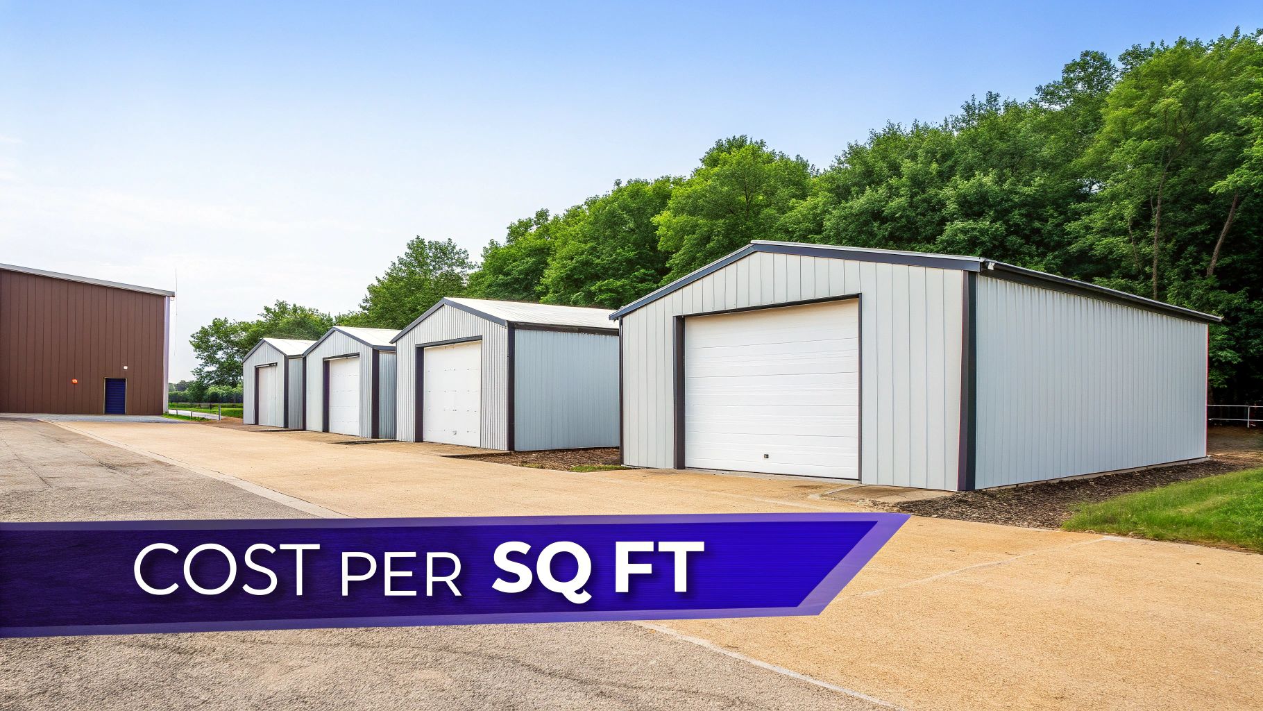Row of metal storage buildings with garage doors displaying cost per square foot information