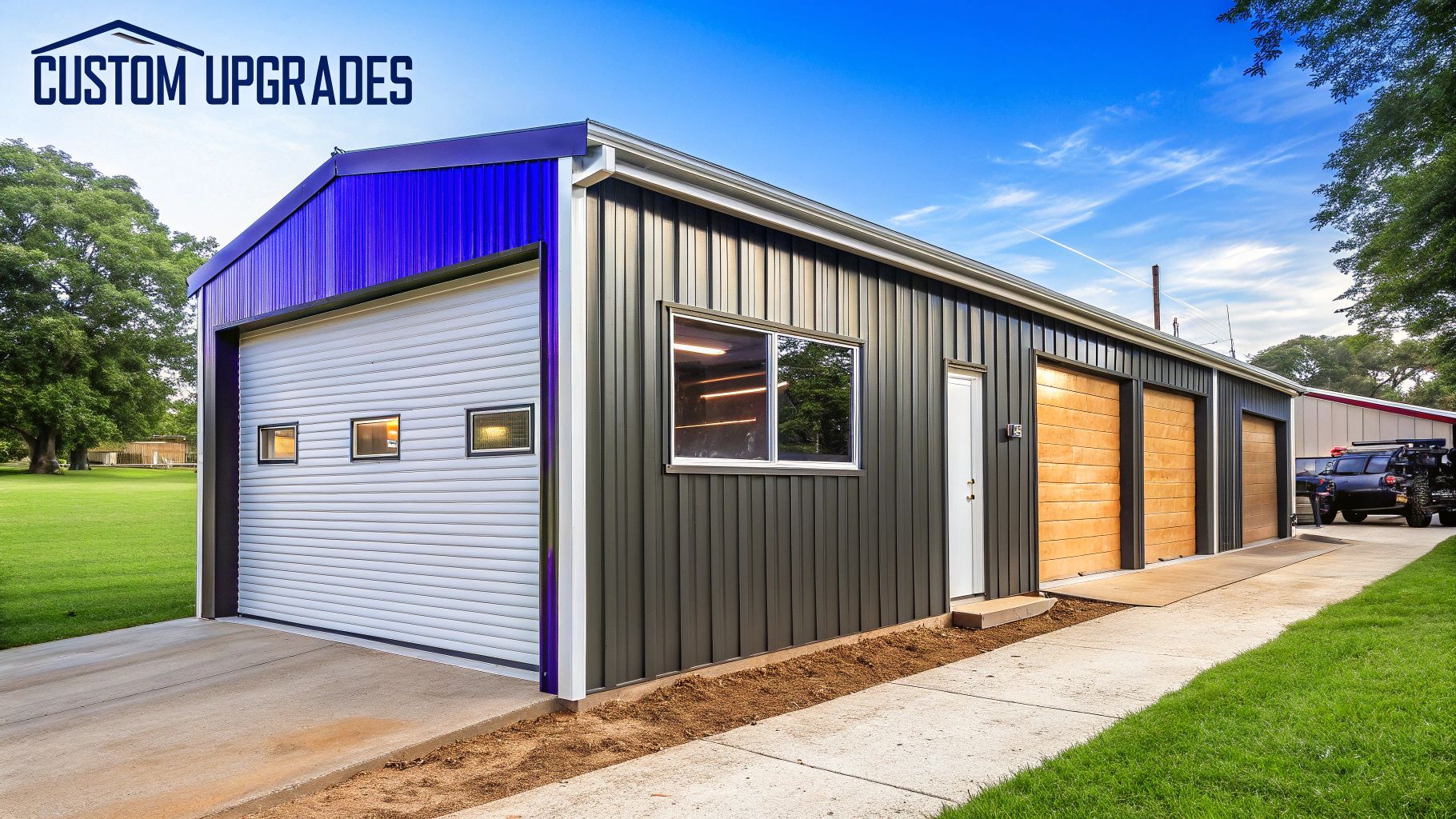 A customized metal garage with added windows, a walk-in door, and custom color trim.