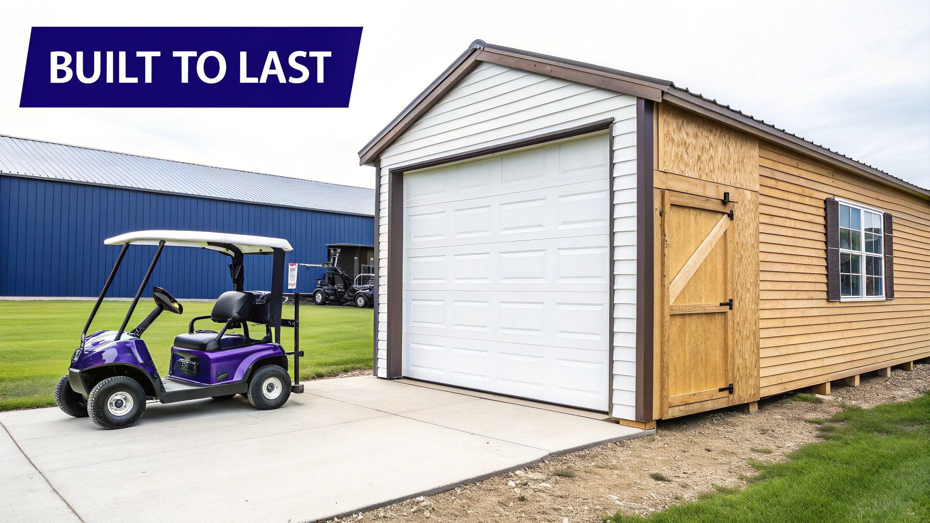 Purple golf cart on driveway beside a tan and white storage building with garage door. 'BUILT TO LAST' banner.