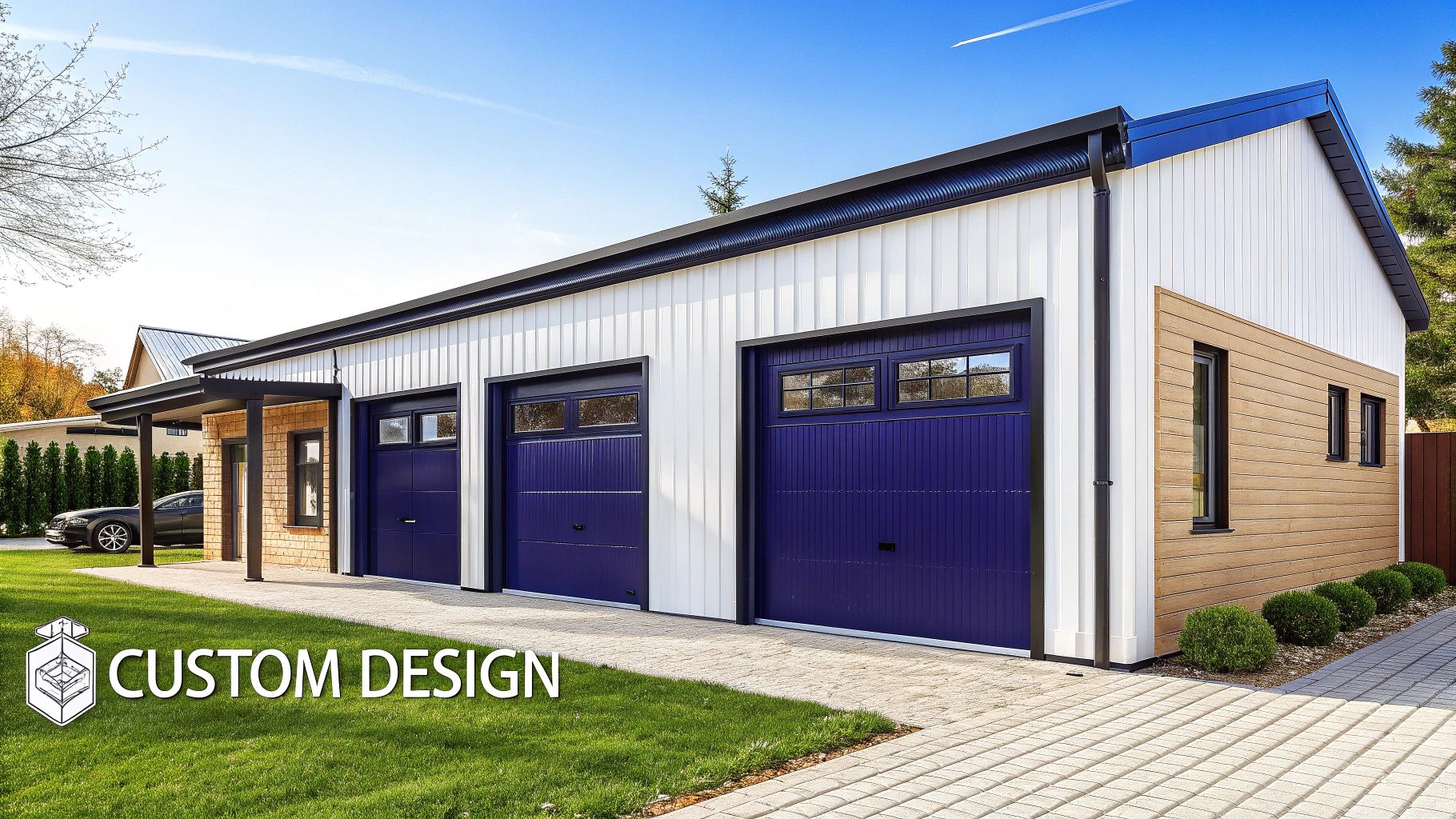 A stylish metal garage with two-tone wainscoting and multiple windows.