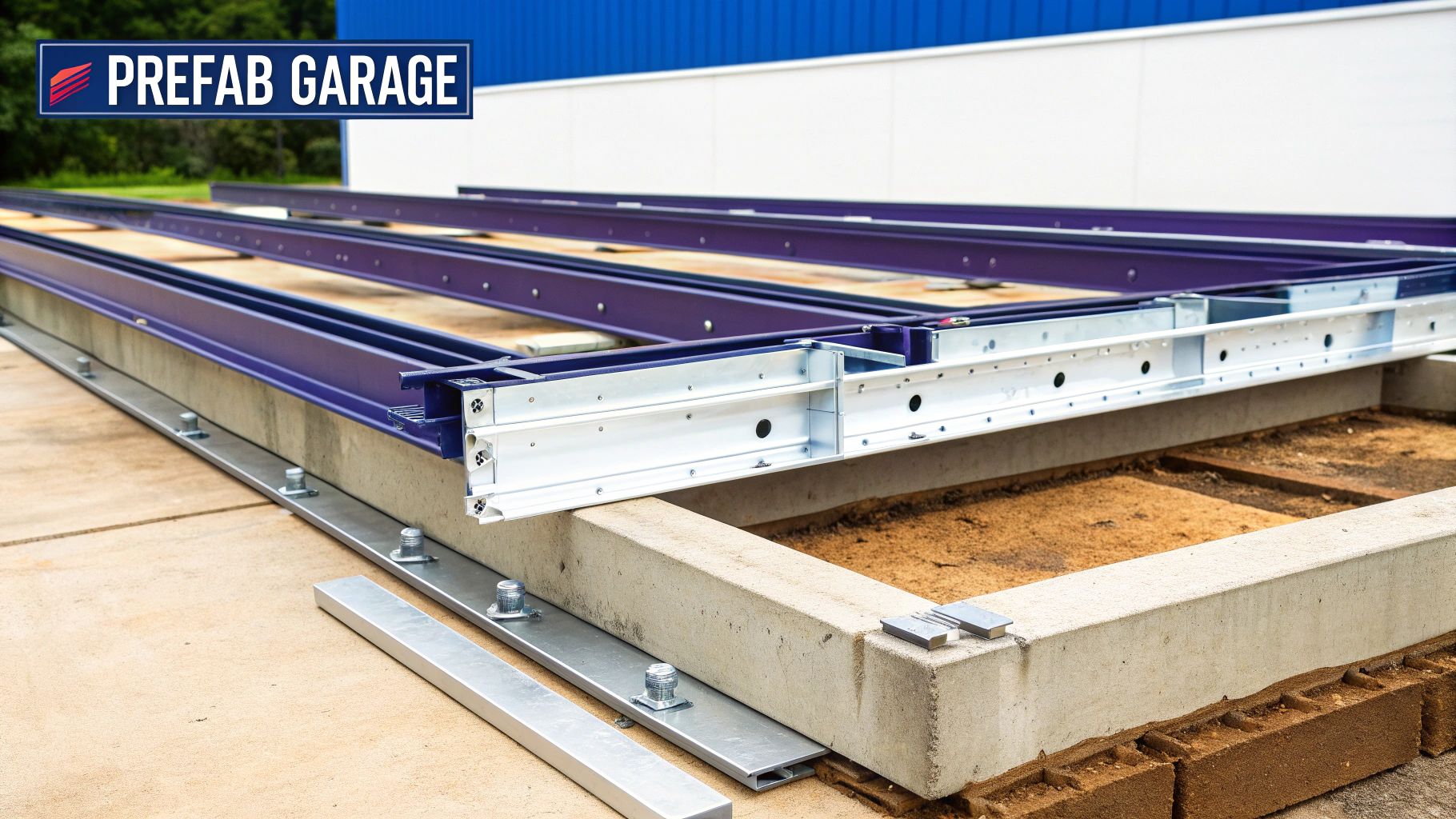 A newly constructed metal garage with two roll-up doors, set against a clear blue sky.