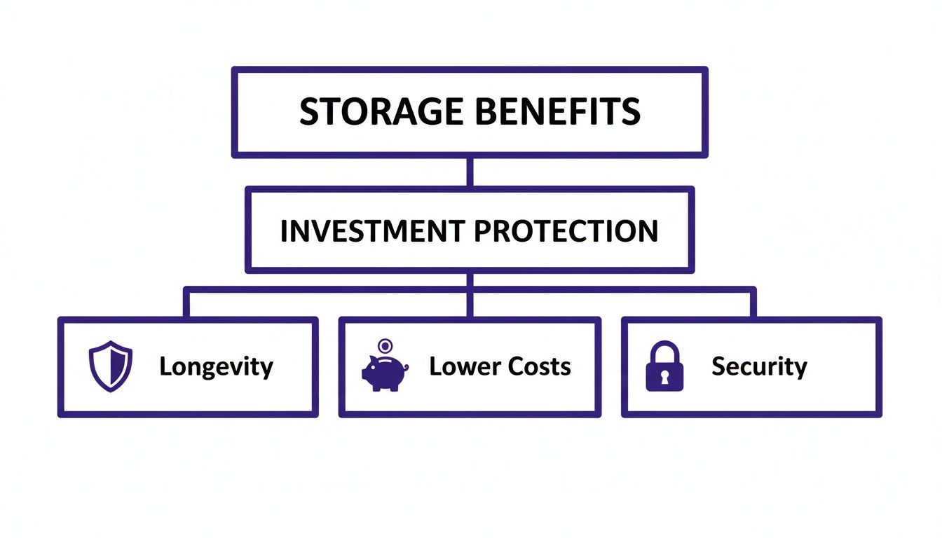 A diagram illustrating storage benefits and investment protection through longevity, lower costs, and security.