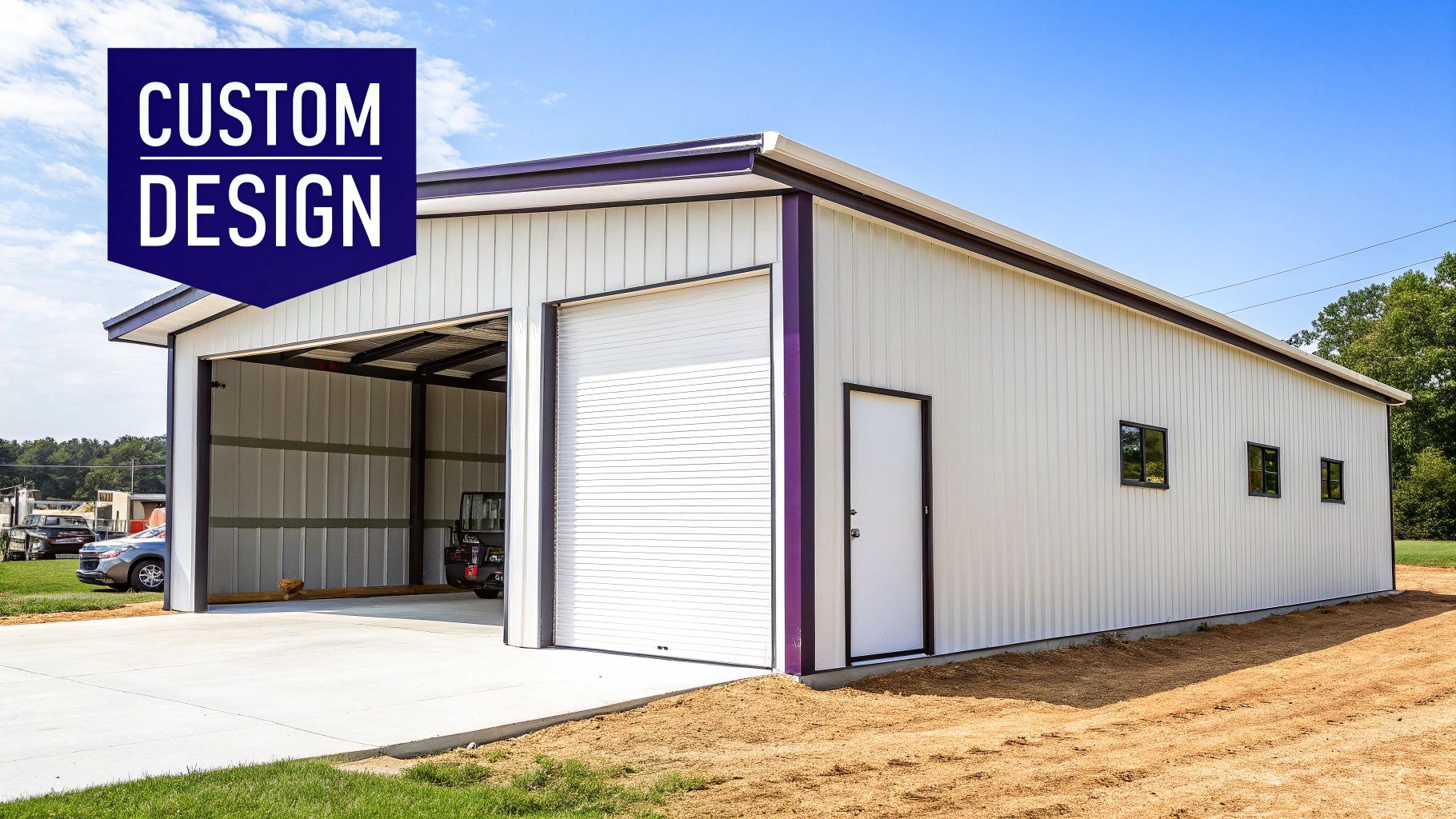 An RV parked next to a large metal building.