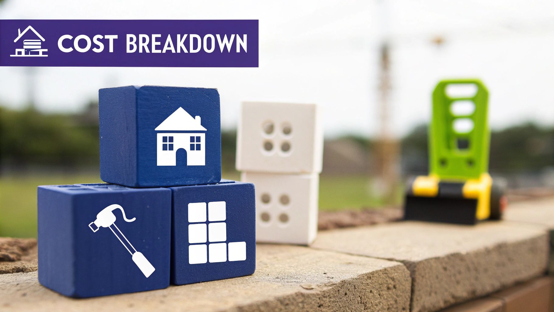 Building blocks with house, hammer, and grid icons, depicting a cost breakdown for construction.