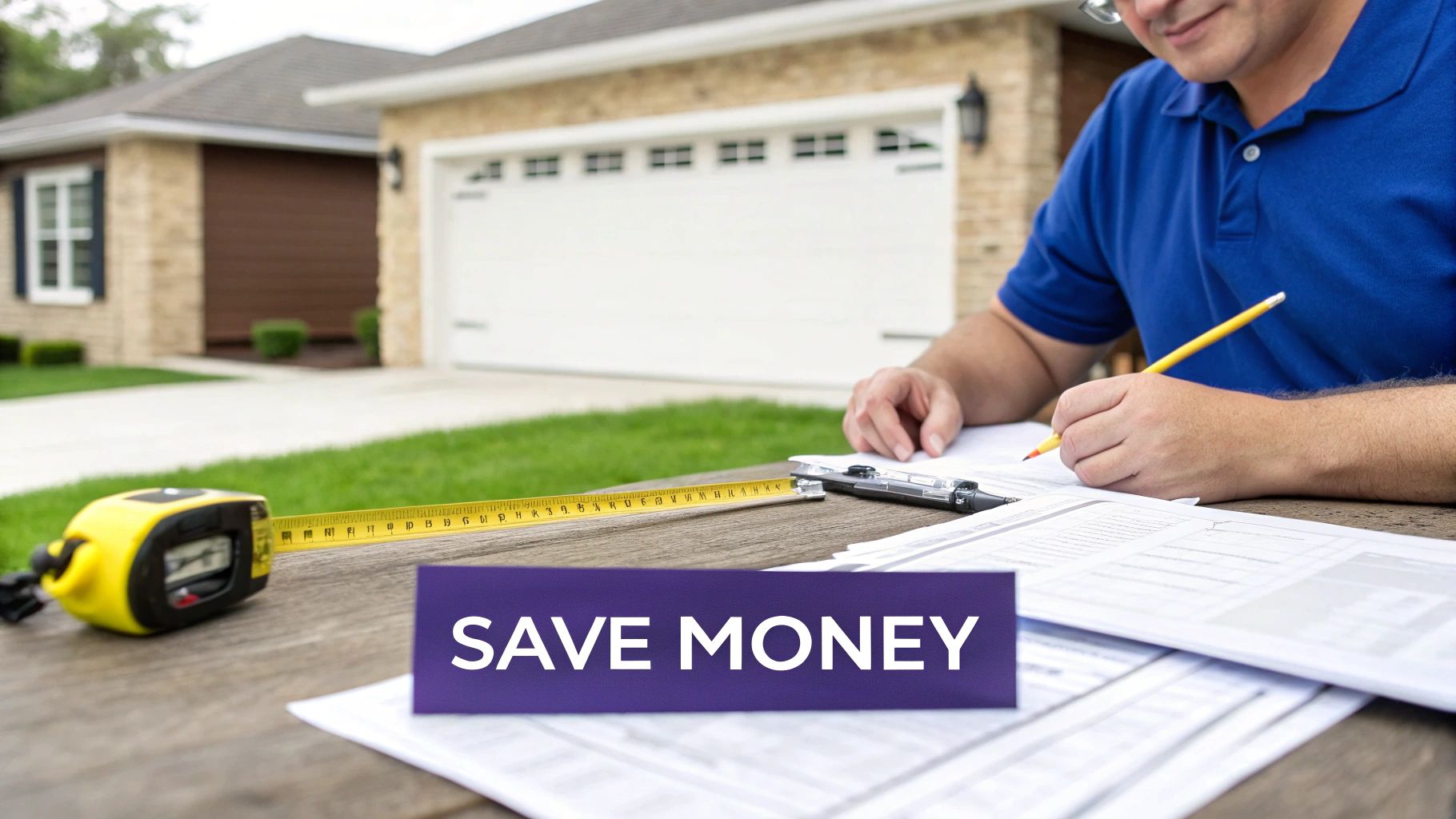 A man measures with a tape, writing notes, planning home improvements to save money.