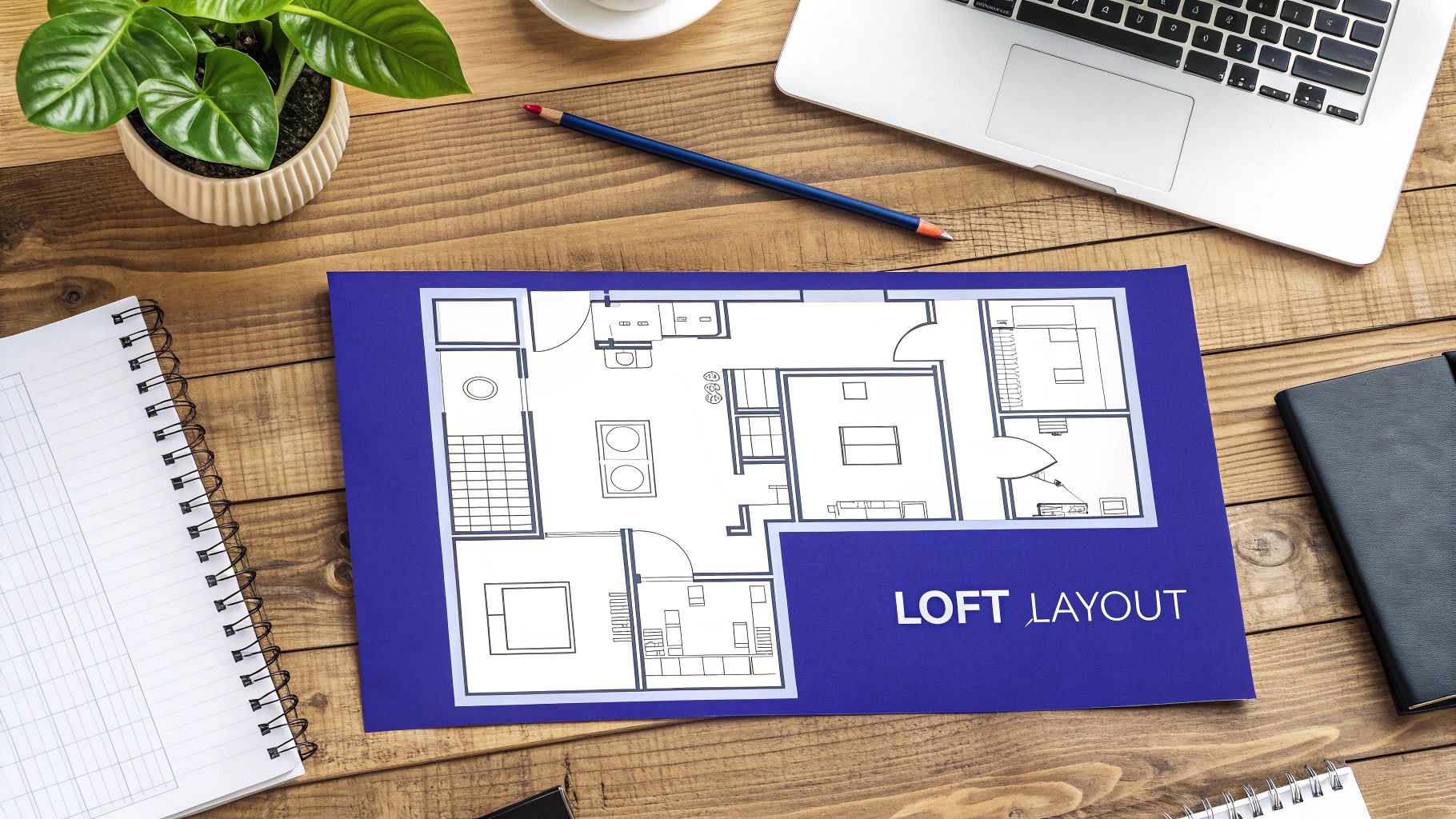 A spacious loft inside a metal building, featuring a modern living area and office space.