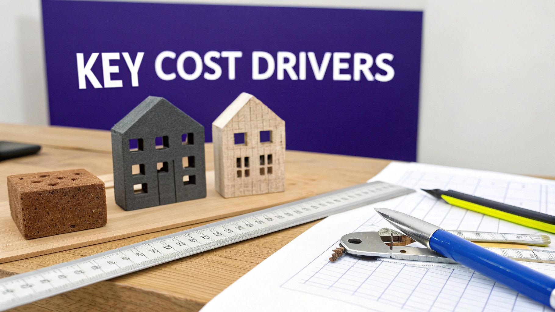 Miniature house models, a brick, and measuring tools on a desk with a 'KEY COST DRIVERS' sign.