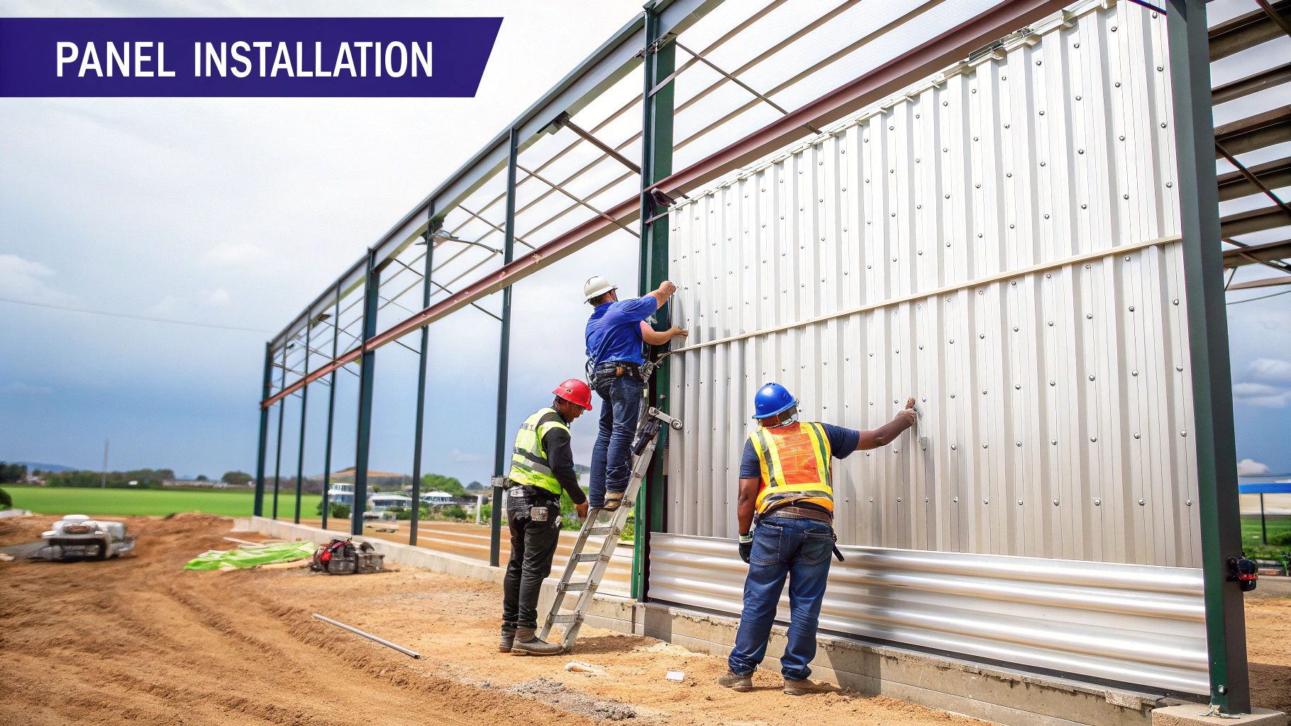 Wall and roof panels being installed on a steel building frame.