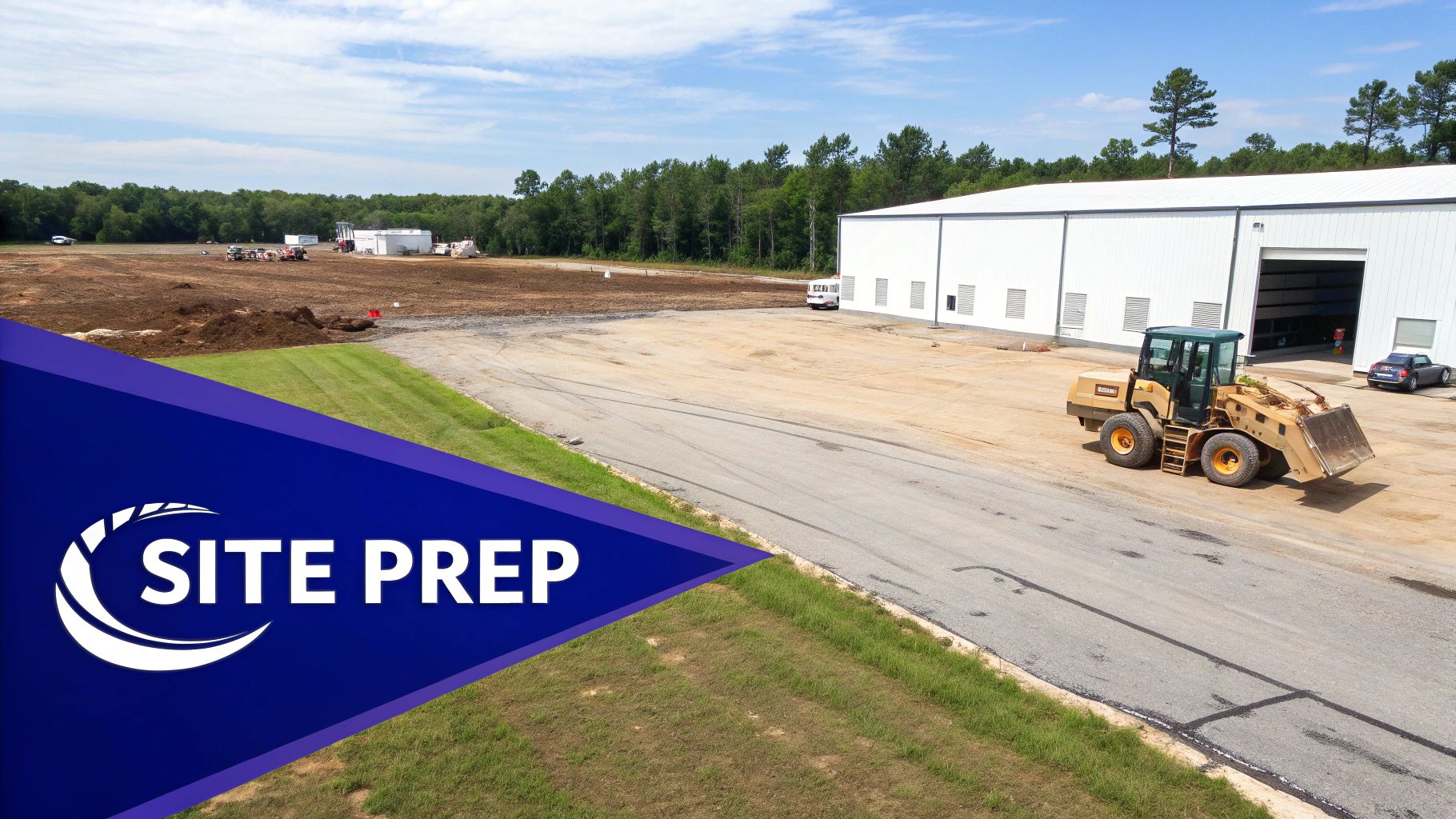 Aerial view of a construction site with a white building, dirt field, front-end loader, and 'SITE PREP' logo.
