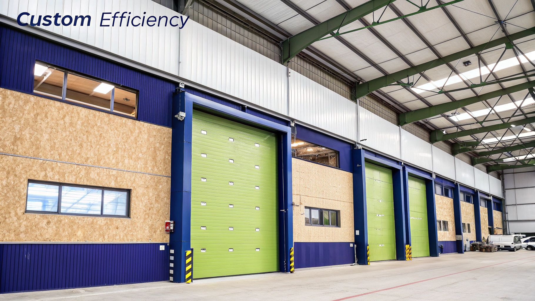 A modern metal warehouse with custom colored panels and large overhead doors.
