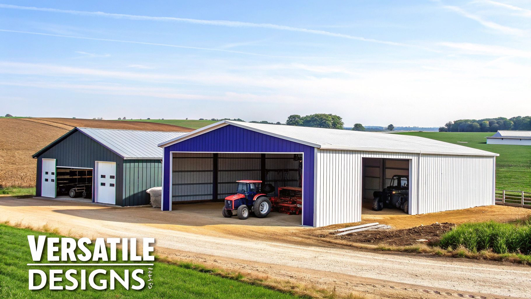 Two colorful metal farm buildings with white roofs, storing a tractor and utility vehicle in a rural setting.
