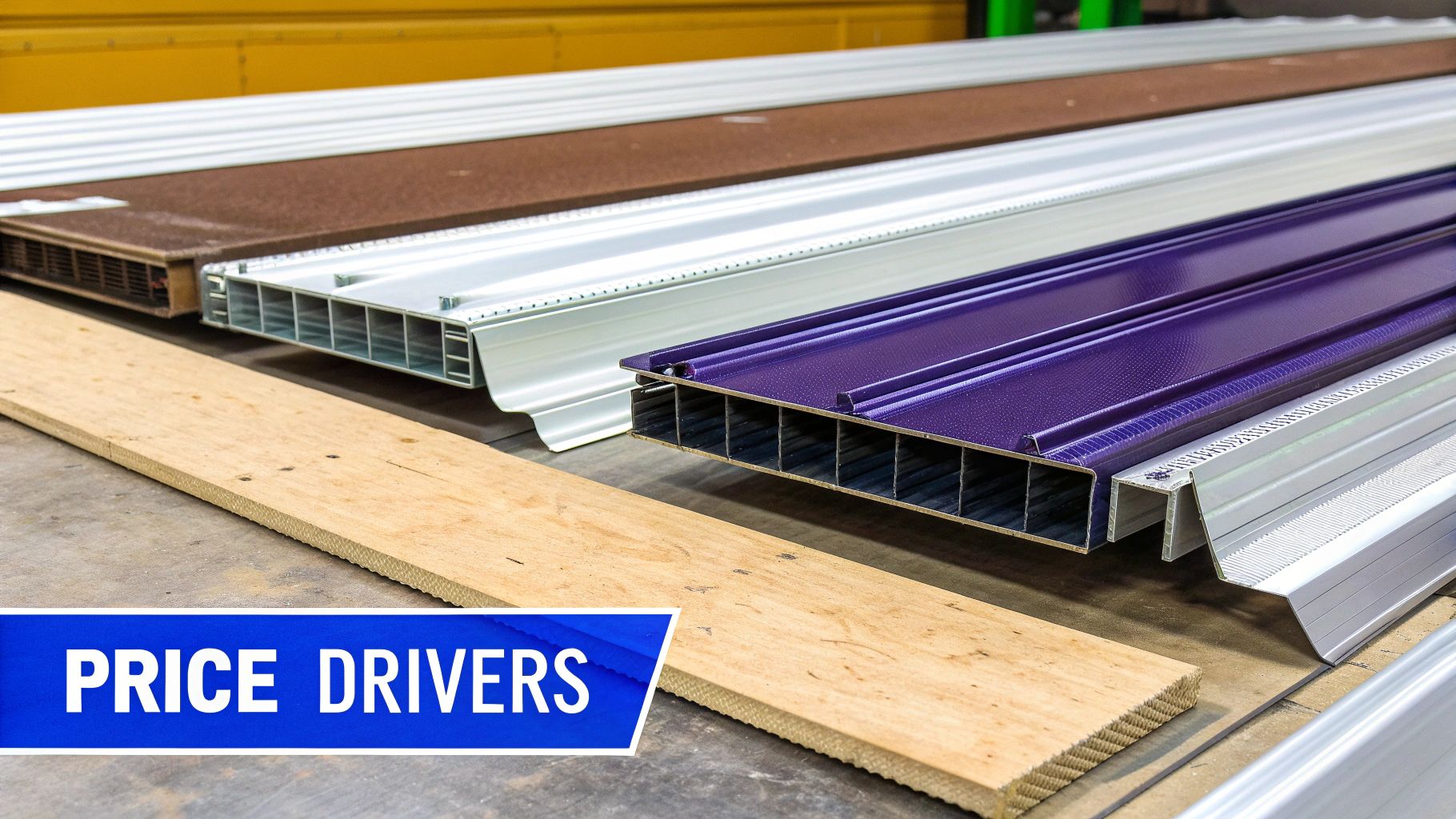 A newly constructed steel building with a large garage door, set in a rural landscape.