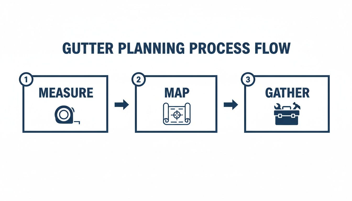 A three-step flowchart illustrating the gutter planning process: Measure with a tape, Map with a blueprint, and Gather with a toolbox.
