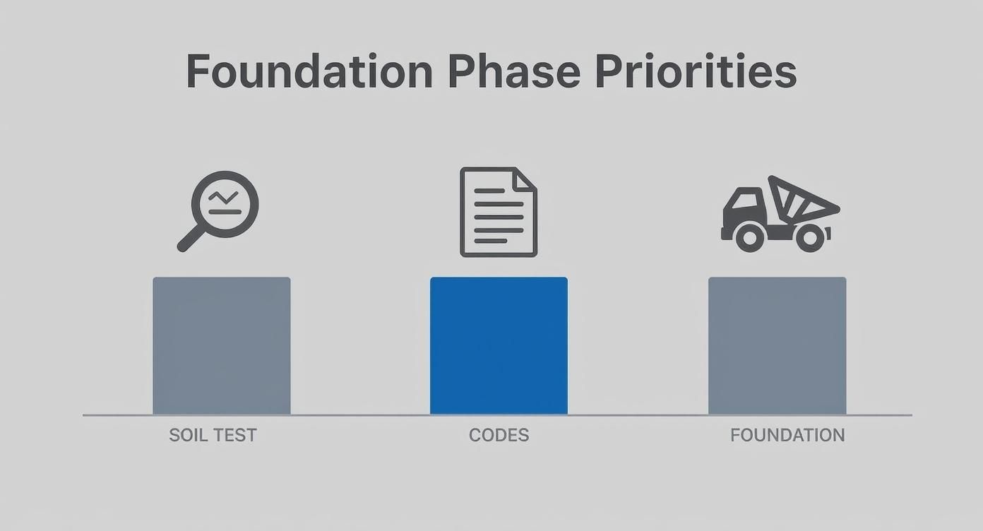 Infographic bar chart showing priorities for the foundation phase including soil tests, codes, and foundation work.