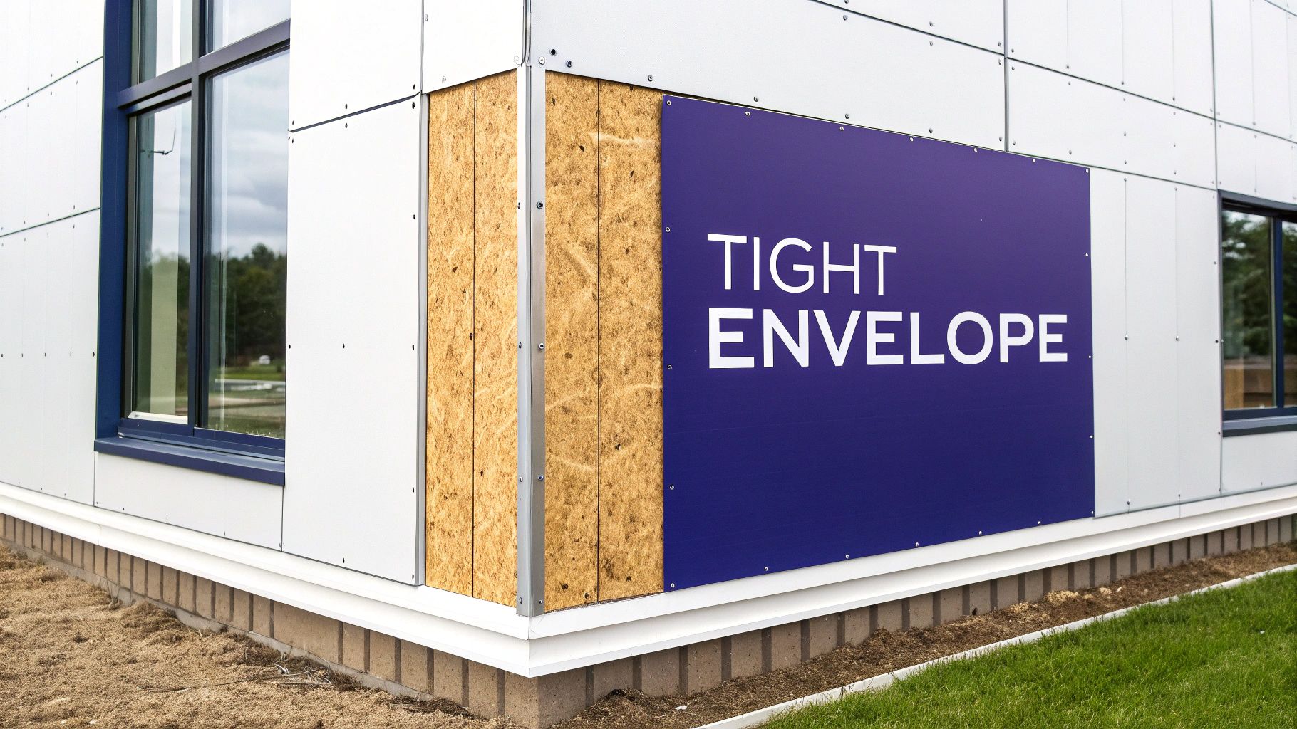 Well-insulated commercial building envelope under construction