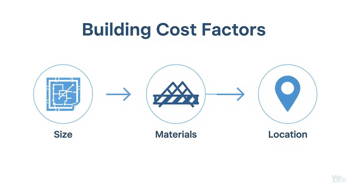 Infographic outlining building cost factors: size (blueprint icon), materials (structure icon), and location (pin icon).