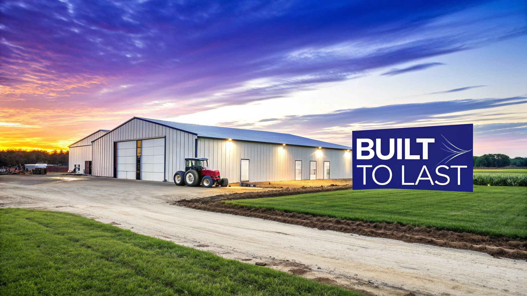 Large white farm steel building with a red tractor and a 'Built to Last' sign at sunset.