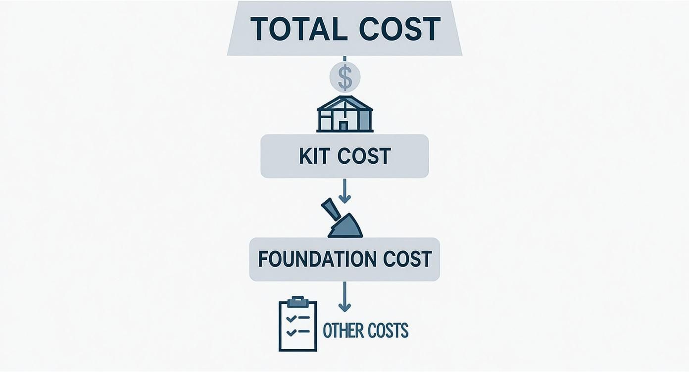Flowchart showing steel building total cost breakdown including kit cost, foundation cost, and other costs