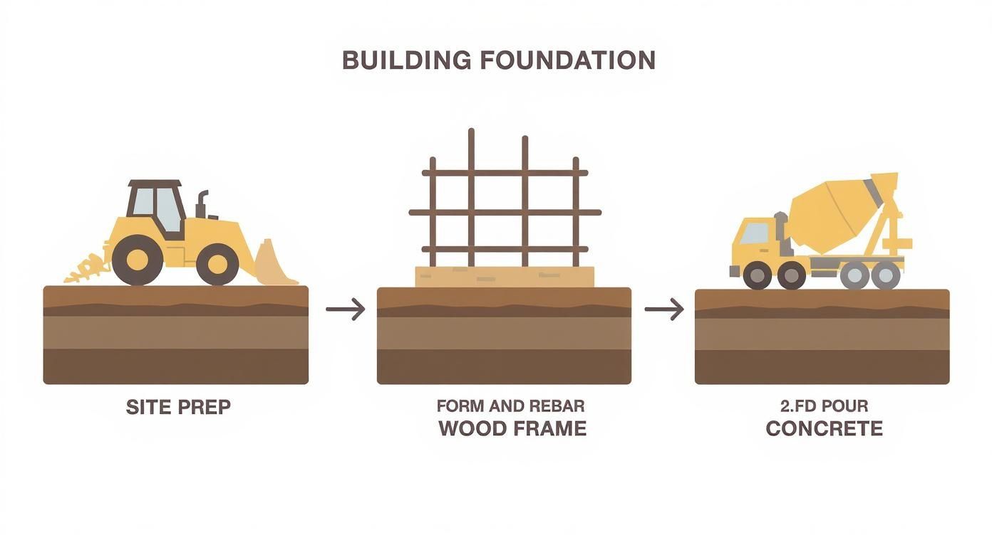 Infographic showing the process flow of preparing a building foundation, with icons for Site Prep, Form & Rebar, and Pouring Concrete.