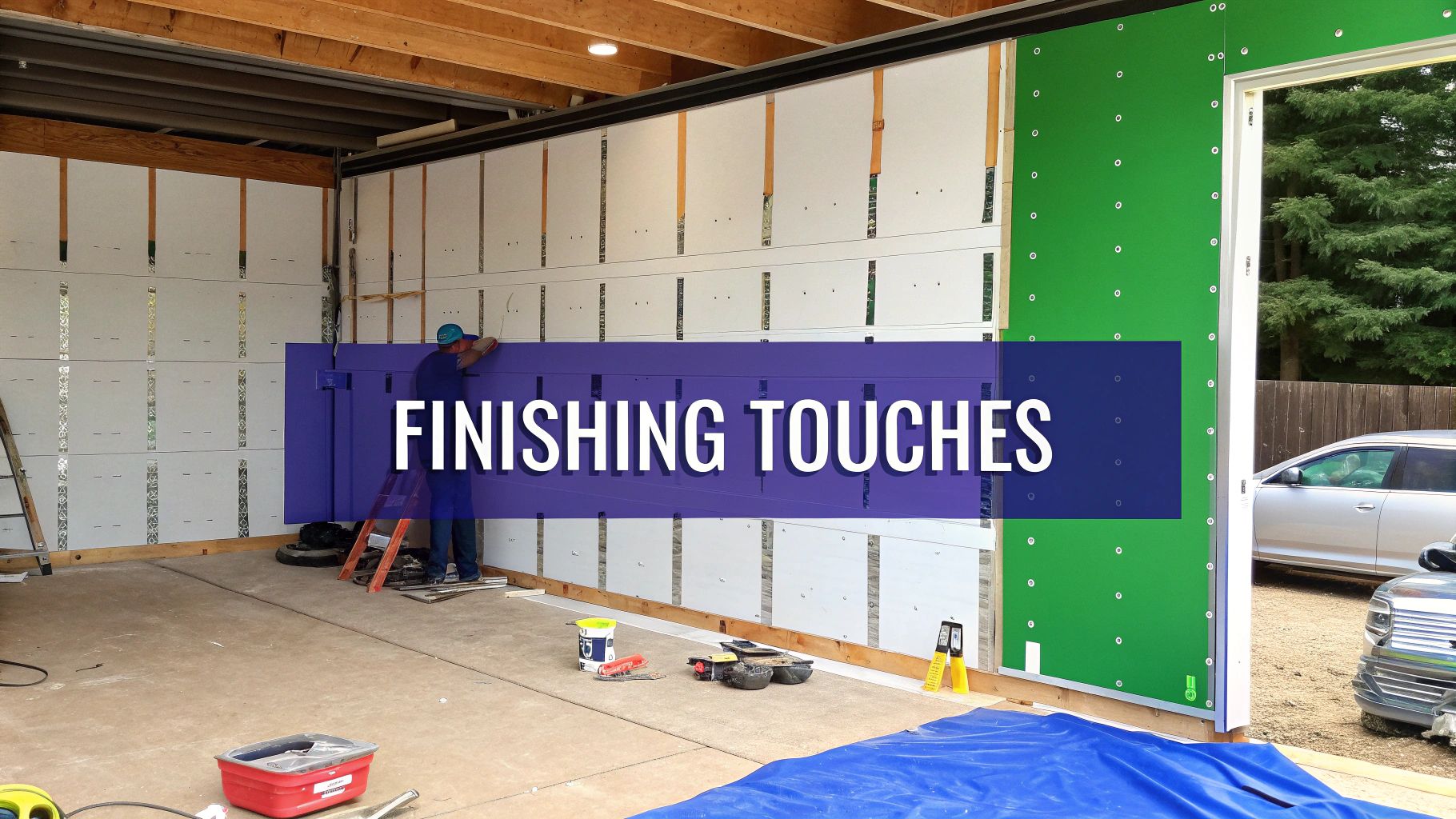 Finished and insulated metal garage interior with drywall.