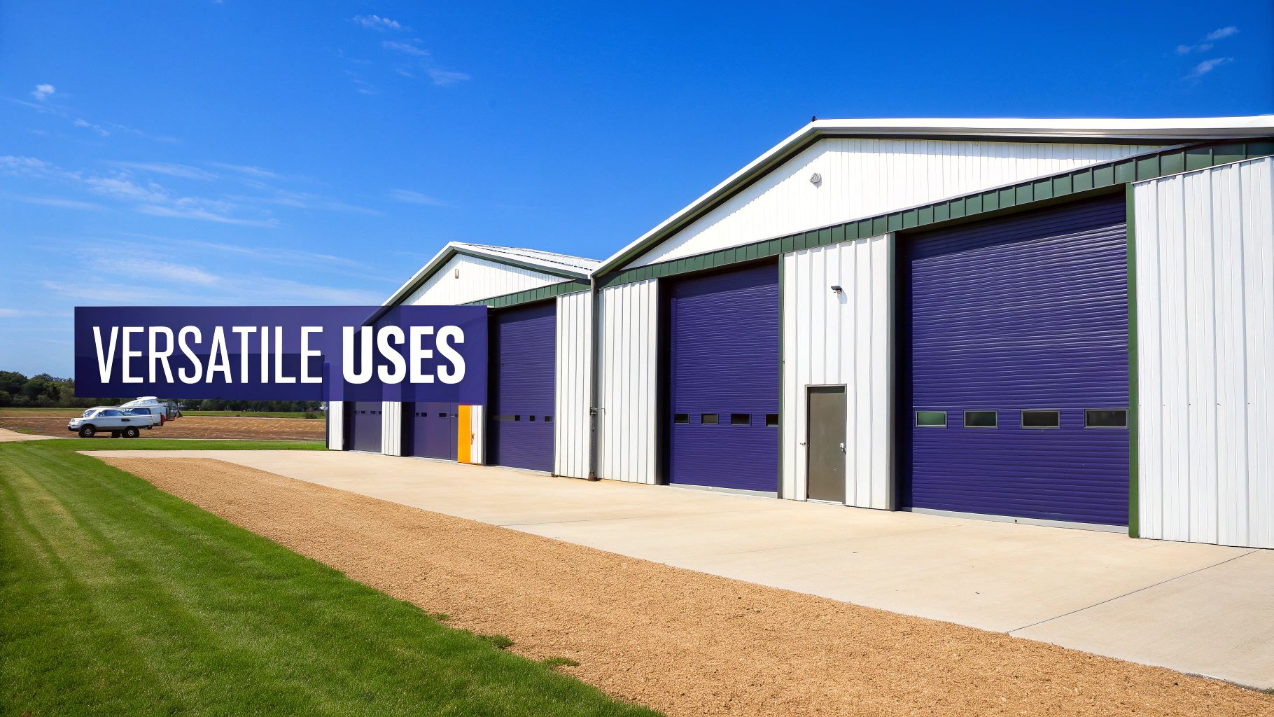 Modern metal buildings with bright purple garage doors, white siding, and green trim under a clear blue sky.
