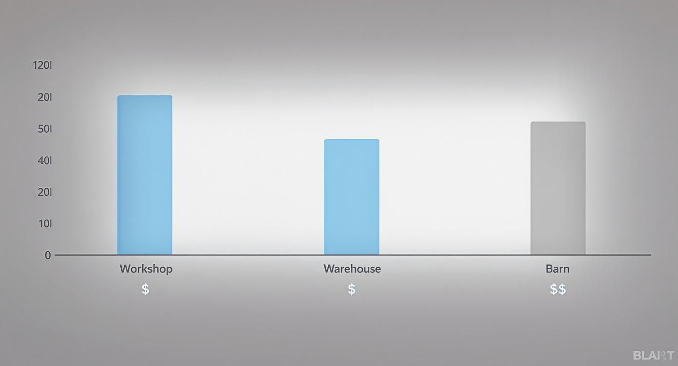 Bar chart comparing estimated values for Workshop, Warehouse, and Barn buildings.