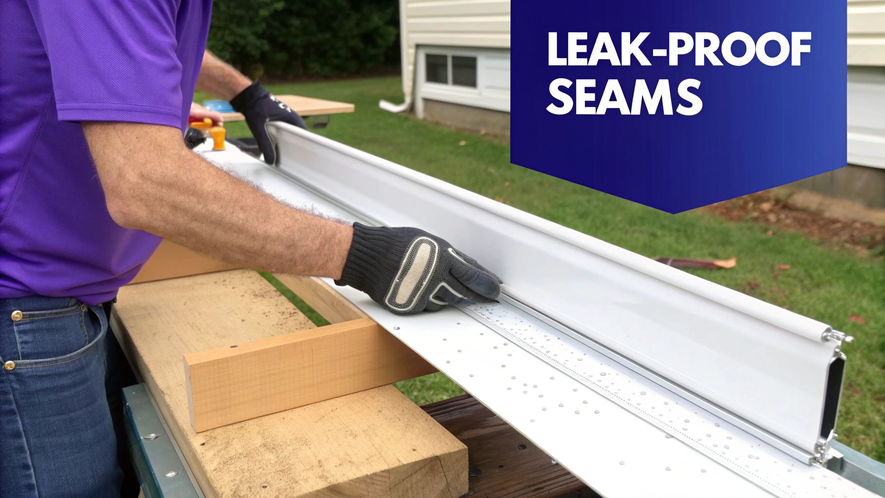 A person in work gloves is working on a white gutter section, preparing leak-proof seams.